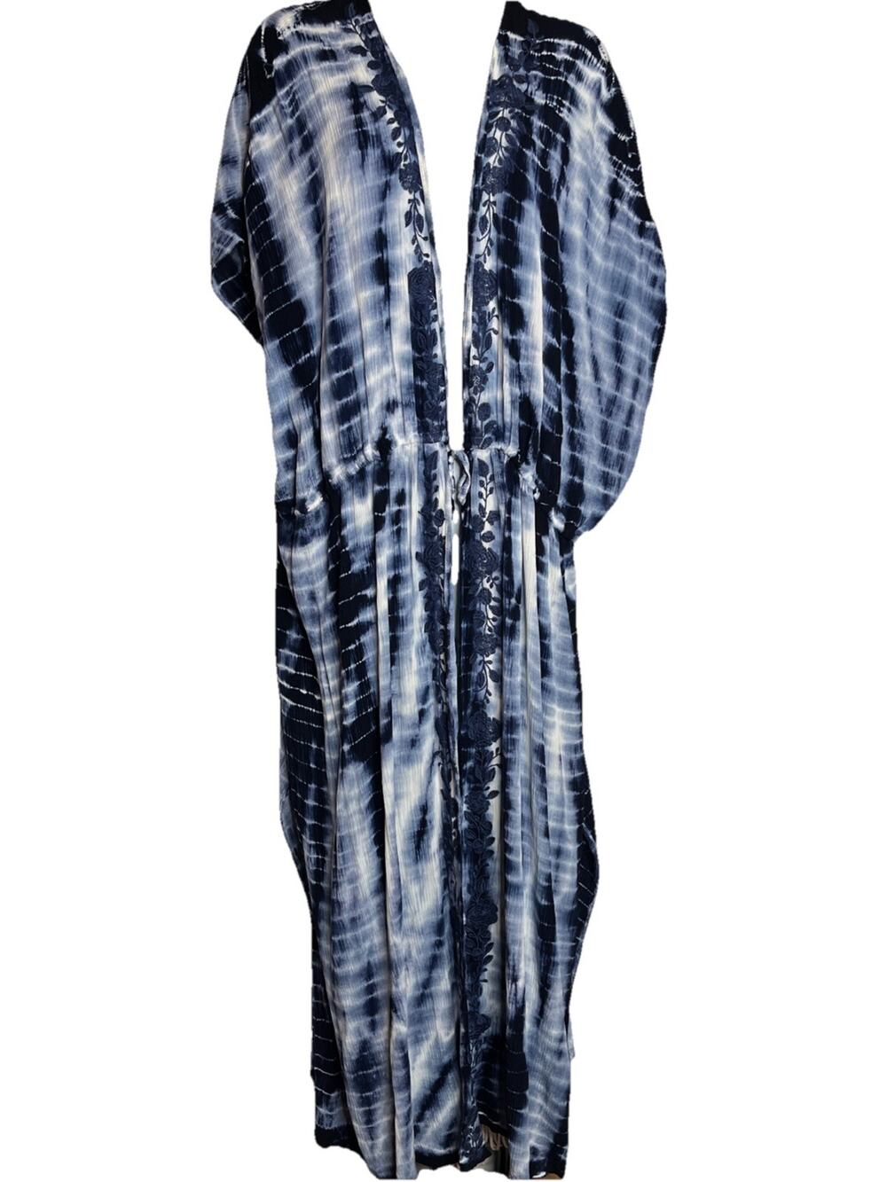 Torrid Plus 3/4 Blue Tie Dye Cinch Waist Gauze Kimono Boho 50” Long NWT